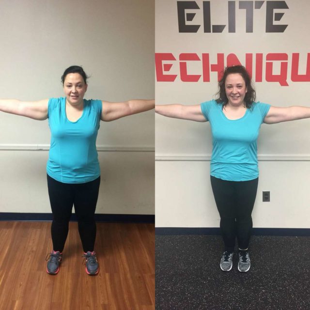 Image is of two photos. On the left, Alison Gary in December wearing a turquoise shirt and black pants, her arms flexing to show bicep muscles. On the left, the same but Alison in May. The side by side shows her body is slimmer, her stomach firmer.