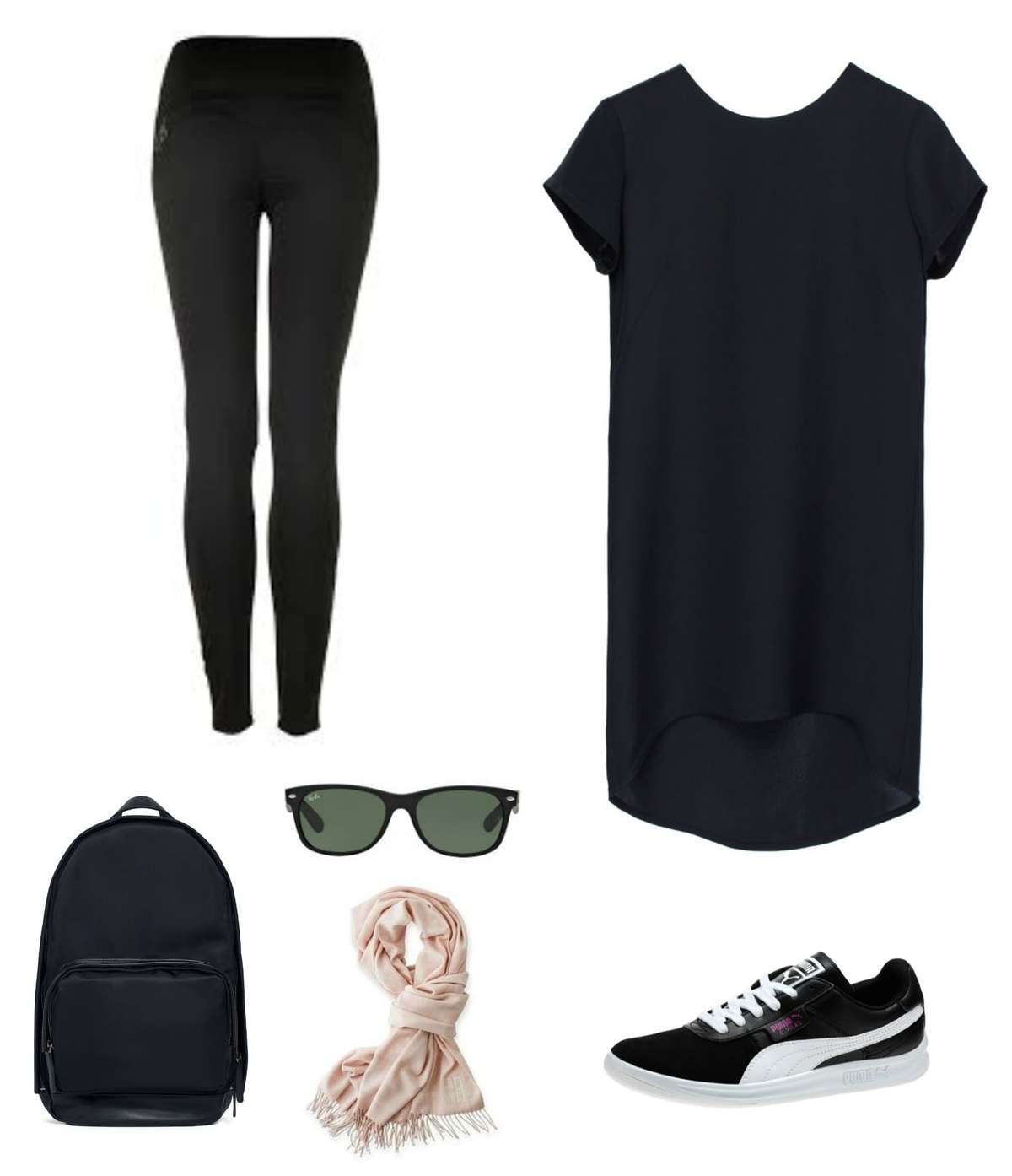 Dress down a silk t-shirt dress with leggings, black Puma sneakers, a backpack, Wayfarer sunglasses, and a pashmina.