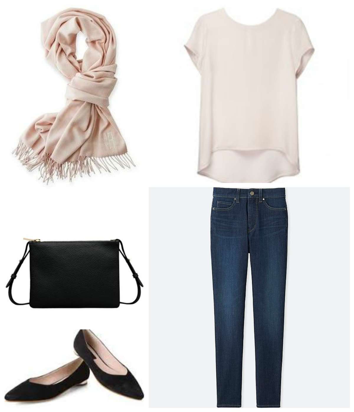 Blush colored silk t-shirt with dark ankle jeans, pointed toe flats, black leather slim crossbody bag, and blush colored pashmina.