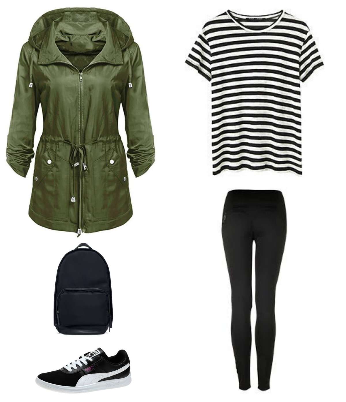 A casual travel capsule wardrobe look with black leggings, a black and white striped t-shirt, black Puma sneakers, backpack, and olive green hooded anorak.