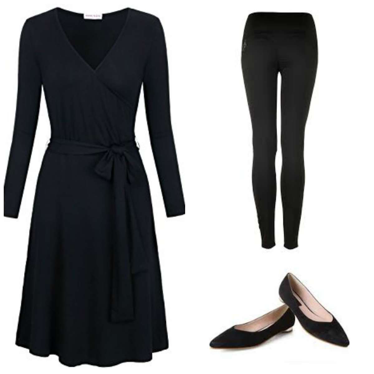 A black matte jersey wrap dress with leggings underneath and black pointed flats. Created from the travel capsule wardrobe.