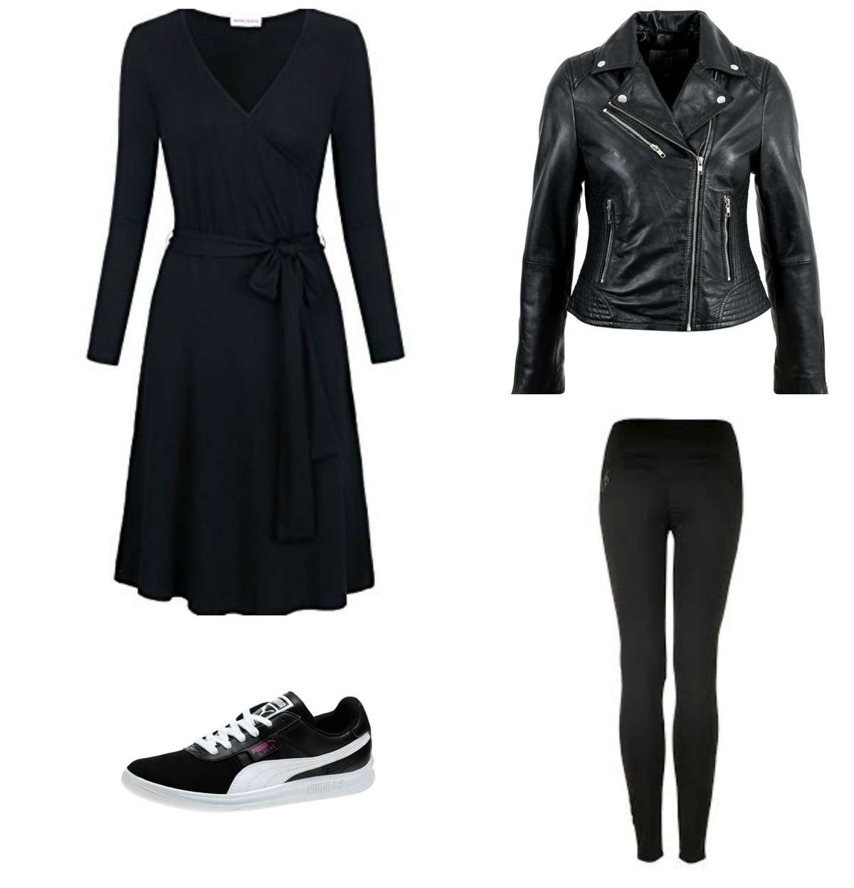 Pieces from the travel capsule wardrobe making an outfit: black matte jersey wrap dress with black leggings, a leather Moto jacket, and black Puma sneakers