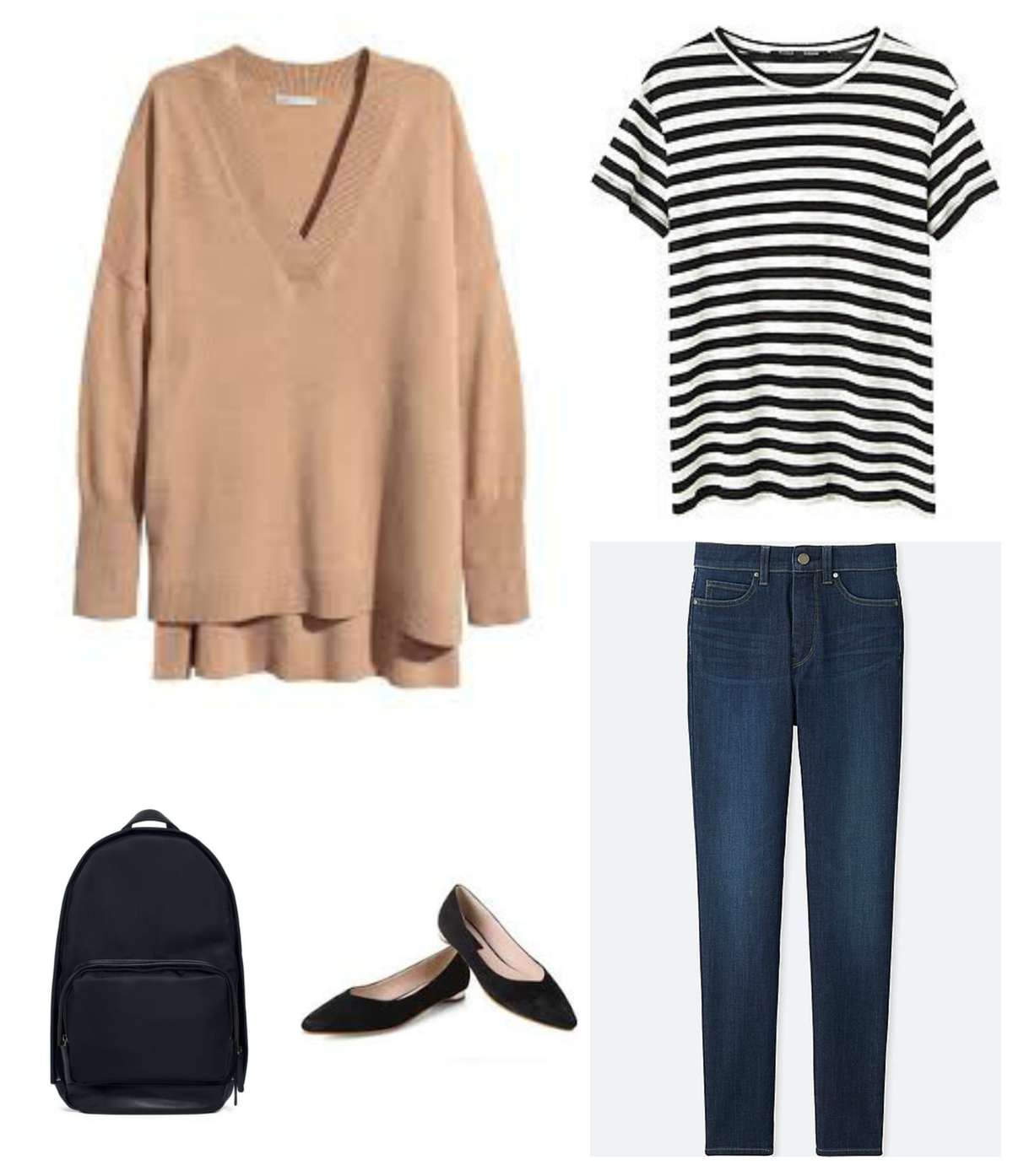 Camel oversized v-neck sweater with a black and white striped t-shirt, dark ankle jeans, black pointed toe flats, and a black backpack.
