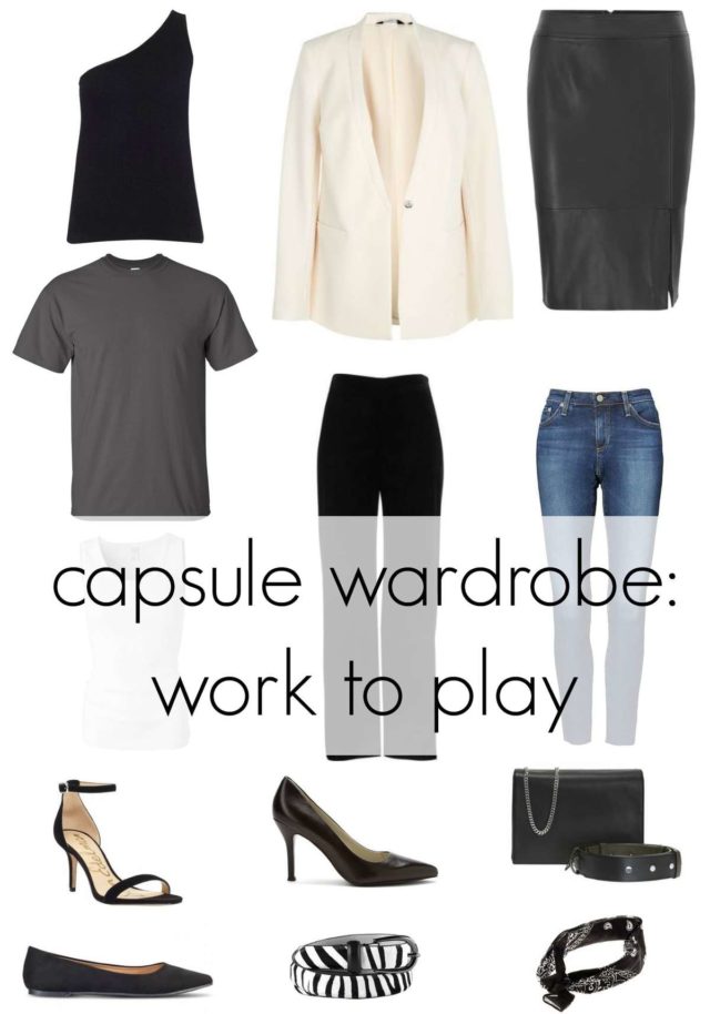 Image is of a capsule wardrobe featuring seven pieces of clothing, three pairs of shoes, five accessories, and the ability to mix and match them into 18 or more different outfits.