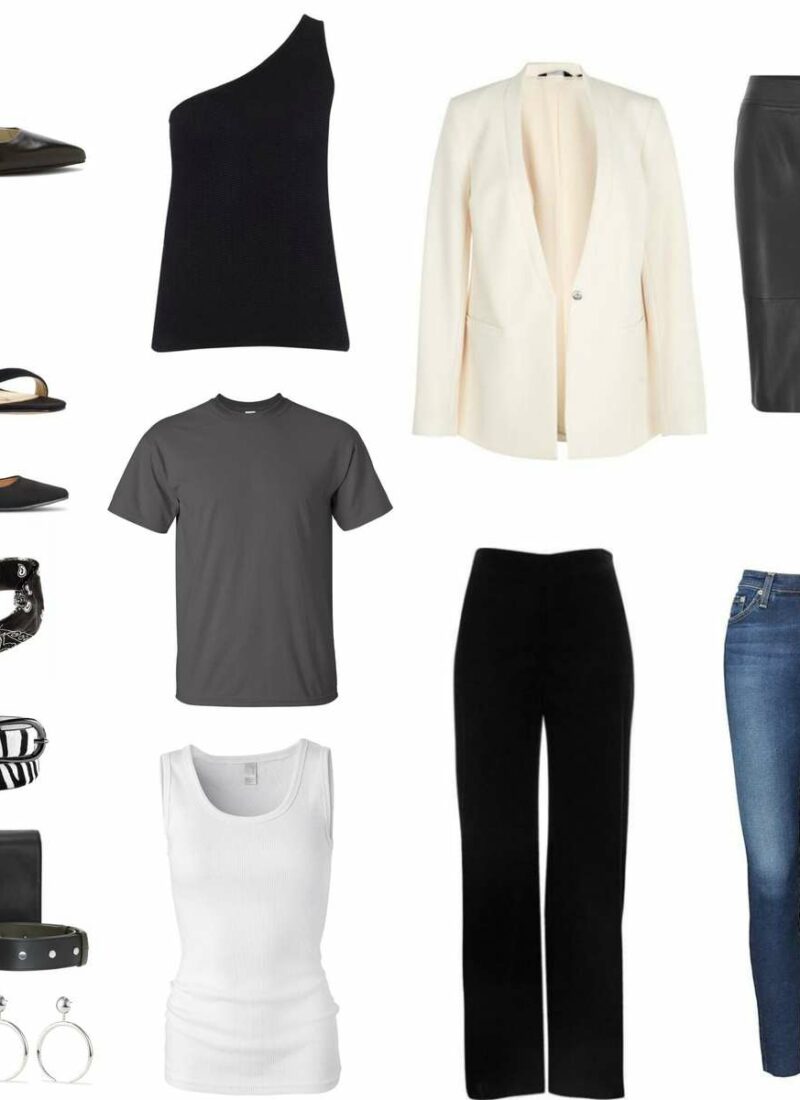 Image is of a capsule wardrobe featuring seven pieces of clothing, three pairs of shoes, five accessories, and the ability to mix and match them into 18 or more different outfits.