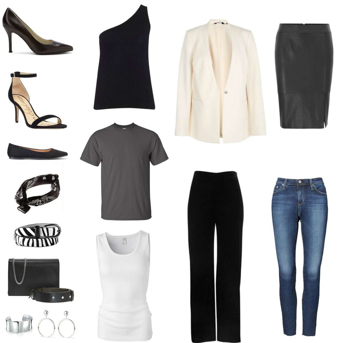Image is of a capsule wardrobe featuring seven pieces of clothing, three pairs of shoes, five accessories, and the ability to mix and match them into 18 or more different outfits.