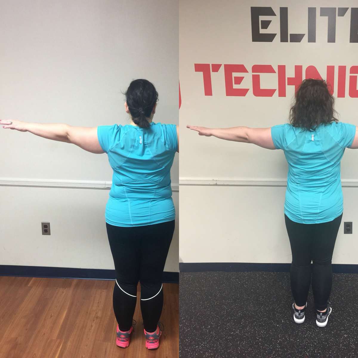 Image is of two photos. On the left, Alison Gary in December wearing a turquoise shirt and black pants, her arms raised straight out from her sides to show her shape and arm size. She is not facing the camera. On the left, the same but Alison in May. The side by side shows her body is slimmer, her stomach firmer.