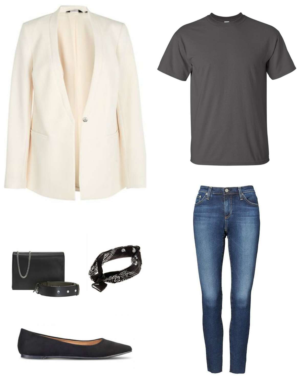 Image is of a cream blazer styled with a gray t-shirt, ankle jeans, a black handbag, black bandana tied at the neck, and black Rothy's Flats in the point style.