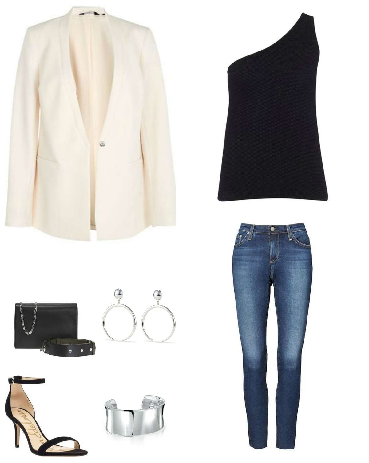 Image is of a black one shoulder sweater styled with skinny jeans and a cream blazer, black handbag, silver statement earrings and cuff bracelet, and black strappy heeled sandals.