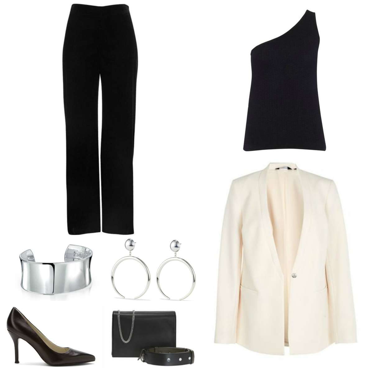 Image is of a cream blazer, black one-shouldered sweater, black pants, silver cuff bracelet and statement earrings, black pumps, and black handbag.