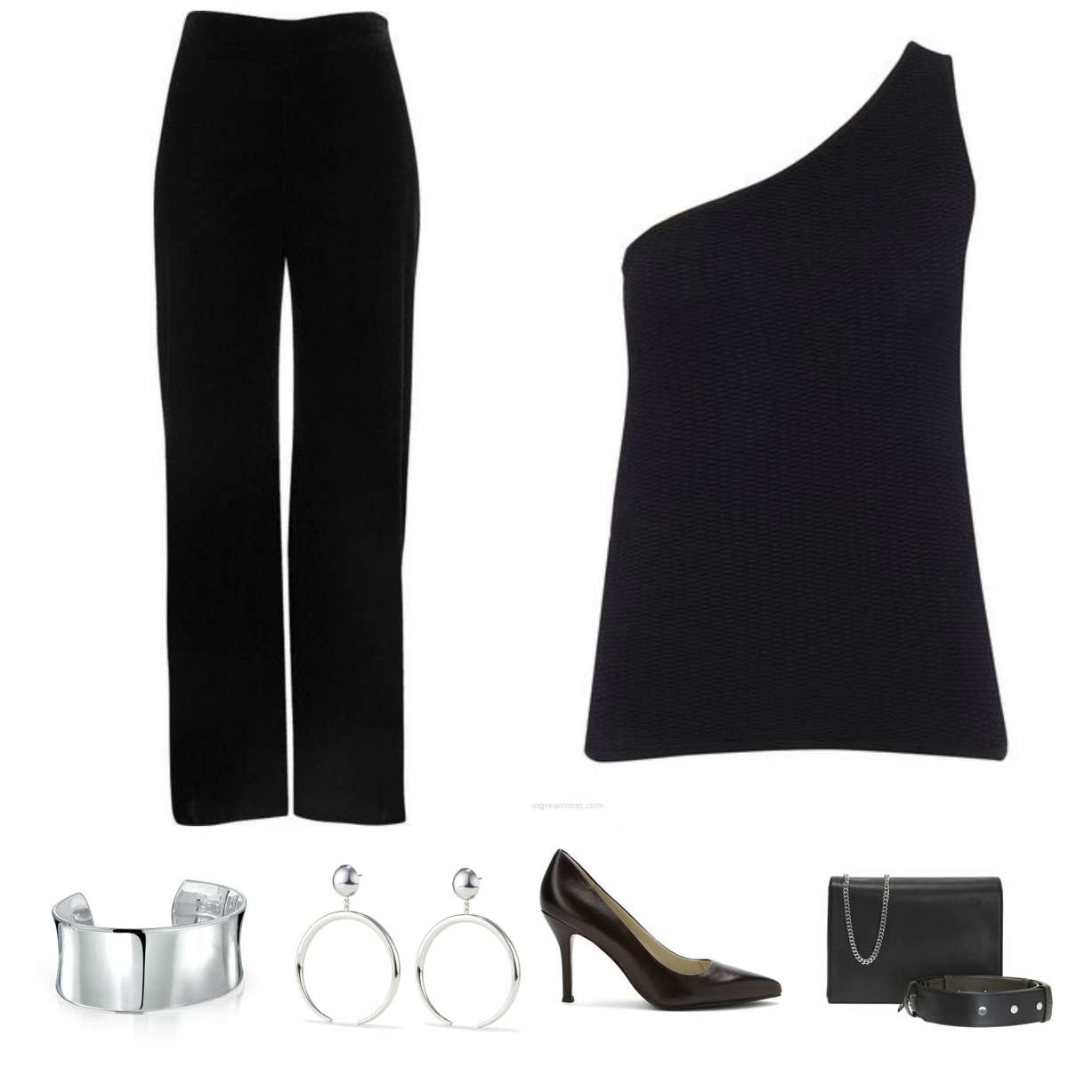Image is of a black one shouldered sweater, black pants, silver cuff bracelet and statement earrings, black pumps, and a black handbag from ALLSAINTS