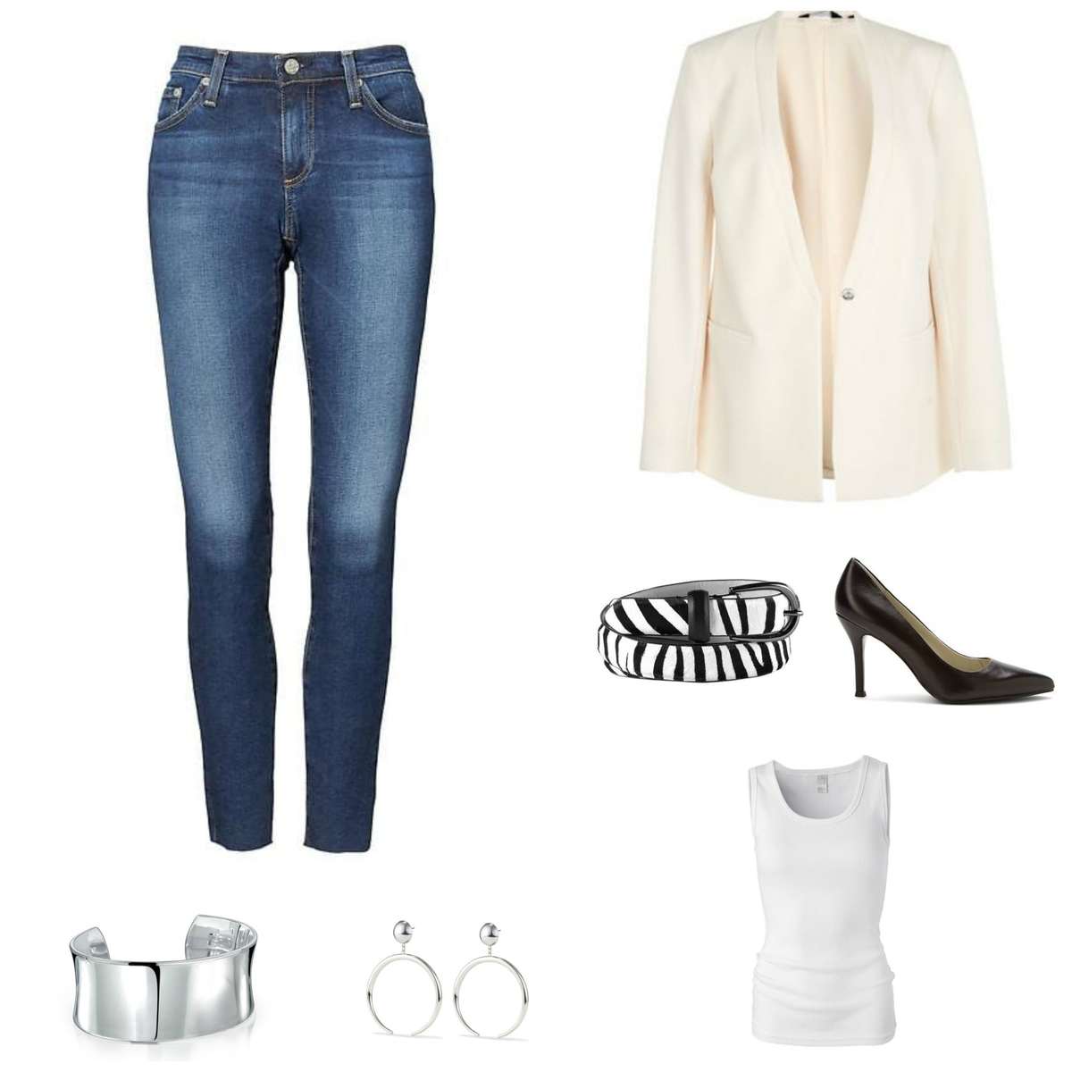 Image is of a pair of Banana Republic stretch ankle jeans with a cream blazer, zebra calf hair belt, black Nine West Flax pumps, white ribbed Loire tank from Universal Standard, a silver cuff bracelet and silver Factory Hoop earrings from Jenny Bird.