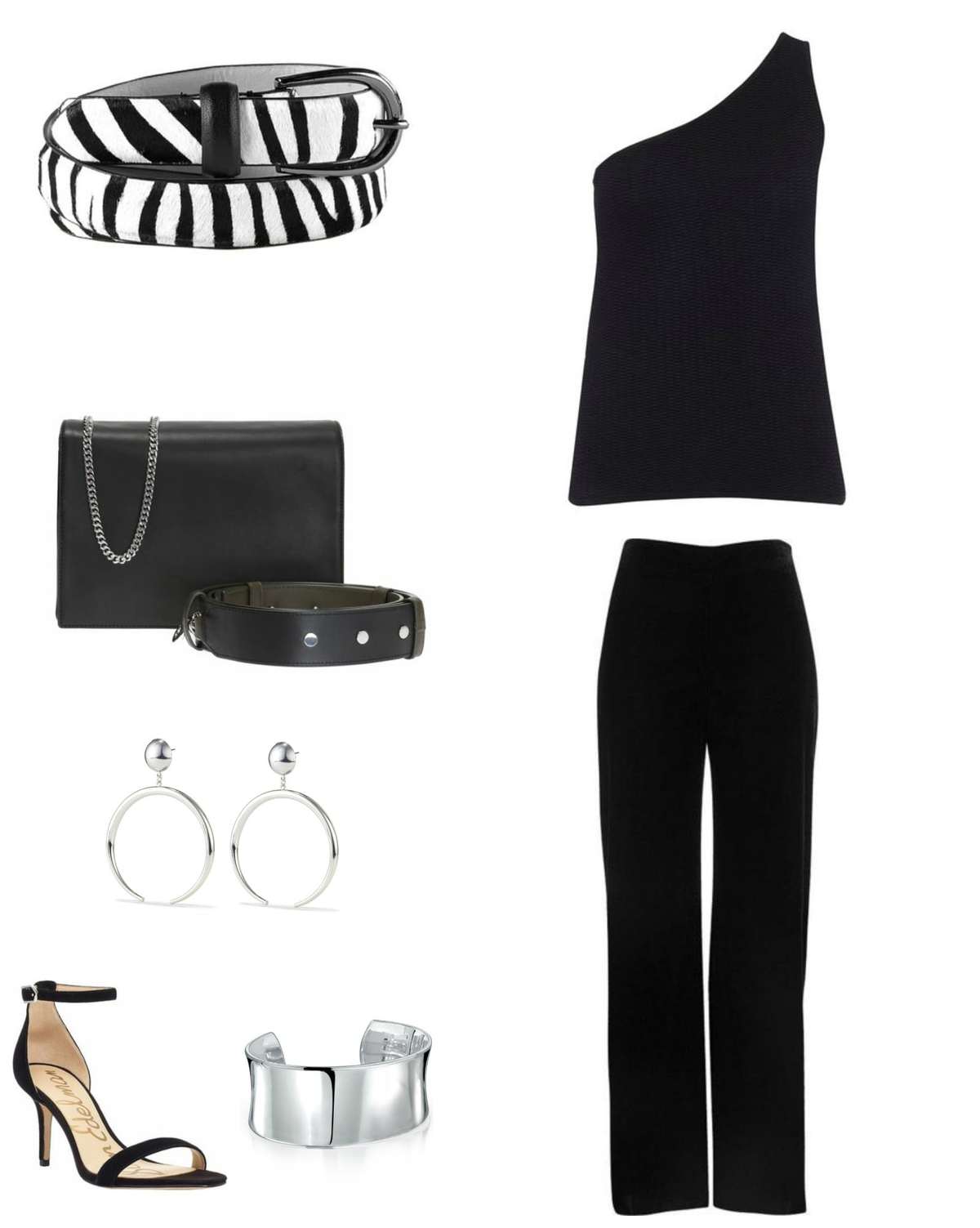 Image of a black one-shouldered sweater from Universal Standard with black straight leg pants, a zebra calf hair belt, black Zip handbag from ALLSAINTS, Jenny Bird Factory Hoops in silver, a silver cuff bracelet, and silver ankle strap heeled shoes.