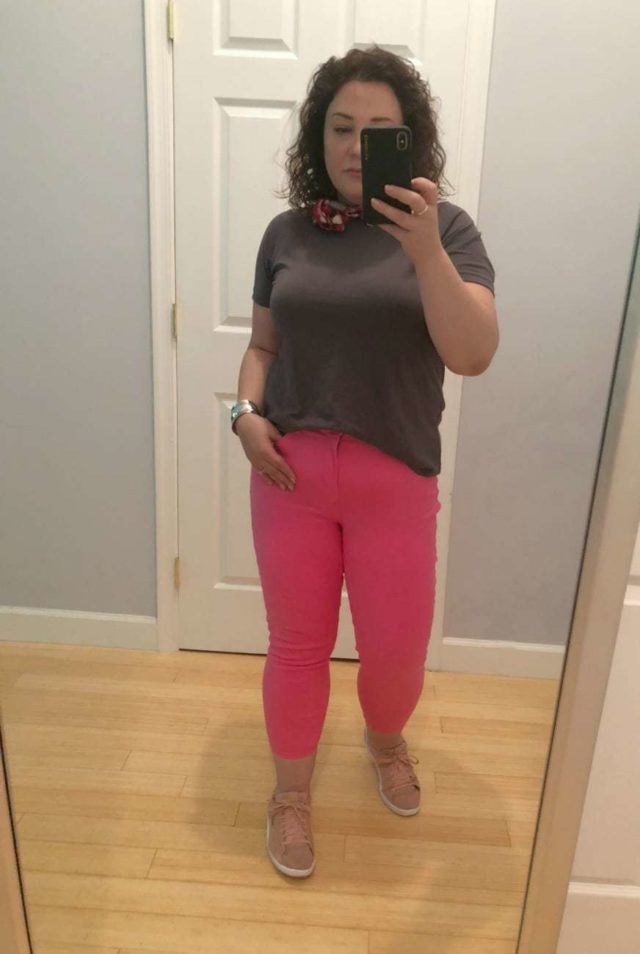 Universal Standard petite T-Rex shirt and Talbots pink skinny jeans on Wardrobe Oxygen