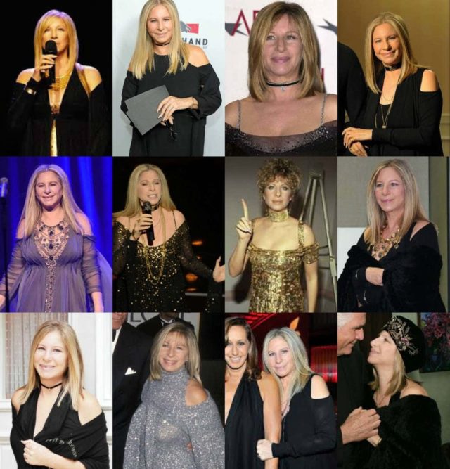 A collage of photos of Barbra Streisand wearing the cold shoulder trend