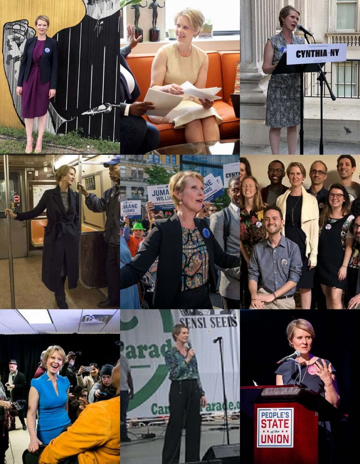 a collage of 12 photos of Cynthia Nixon on the campaign trail. She is wearing solid colors, sheath dresses, soft blazers with patterned blouses