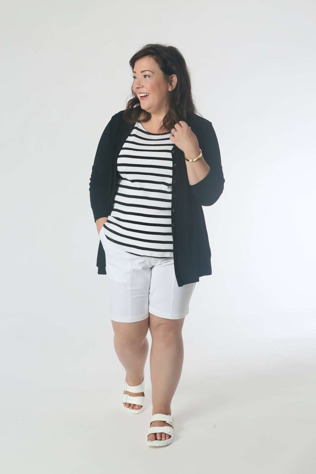 On a Boat: Pair the striped tee and shorts with the cardigan for a breezy evening on the water. Keep it casual with water-friendly sandals and add a bracelet for polish.