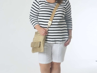 Seeing the Sights: The striped tee and shorts are the simple platform for accessories that take the spotlight. Seeing the Sights: The striped tee and shorts are the simple platform for accessories that take the spotlight.  A hat for sun protection and a shiny crossbody make this a great look for sightseeing, the sandals have arch support for comfy feet.