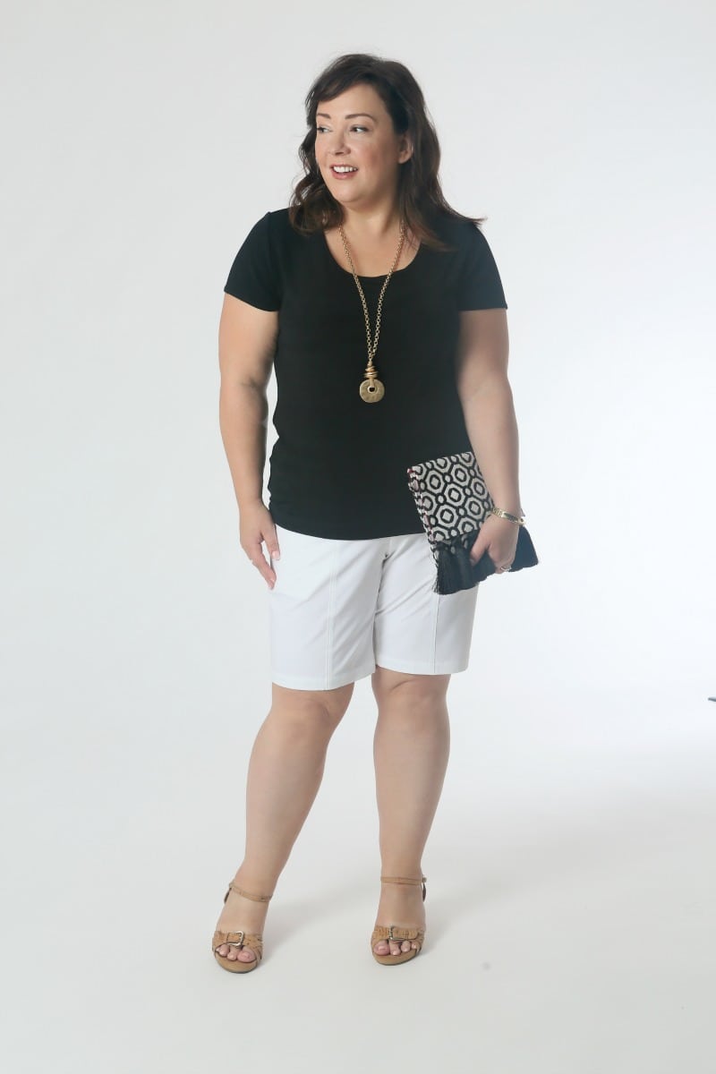 Dress Shorts: On vacation and not sure the formality of a restaurant? Mix high and low with a pair of crisp white shorts, the scoop tee, and a clutch bag.  Sandals with a slight wedge and a pendant necklace add dressiness without being too flashy.