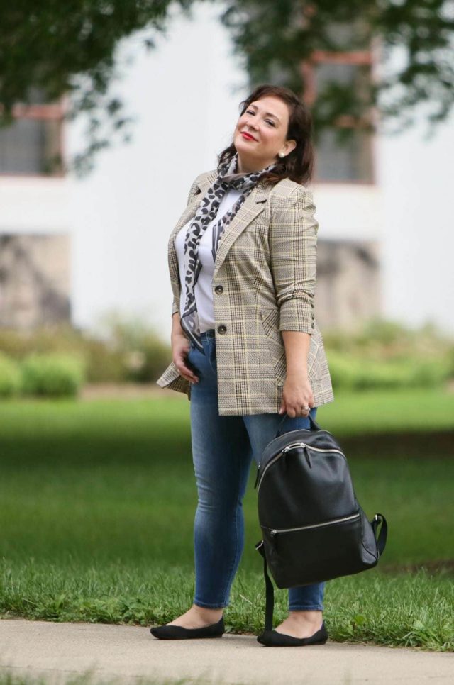 Wardrobe Oxygen in the cabi Pastime jacket and leopard scarf styled with a Universal Standard t-shirt, Banana Republic jeans, Rothy's flats, and the ECCO SP3 backpack for fall