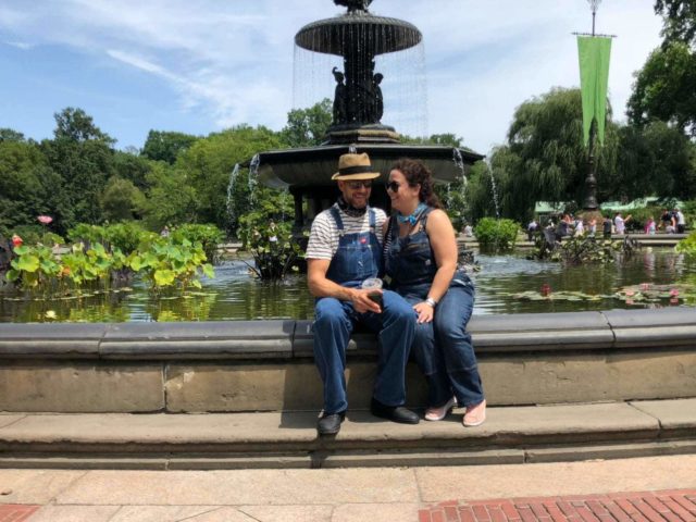 friends fountain central park wearing overalls