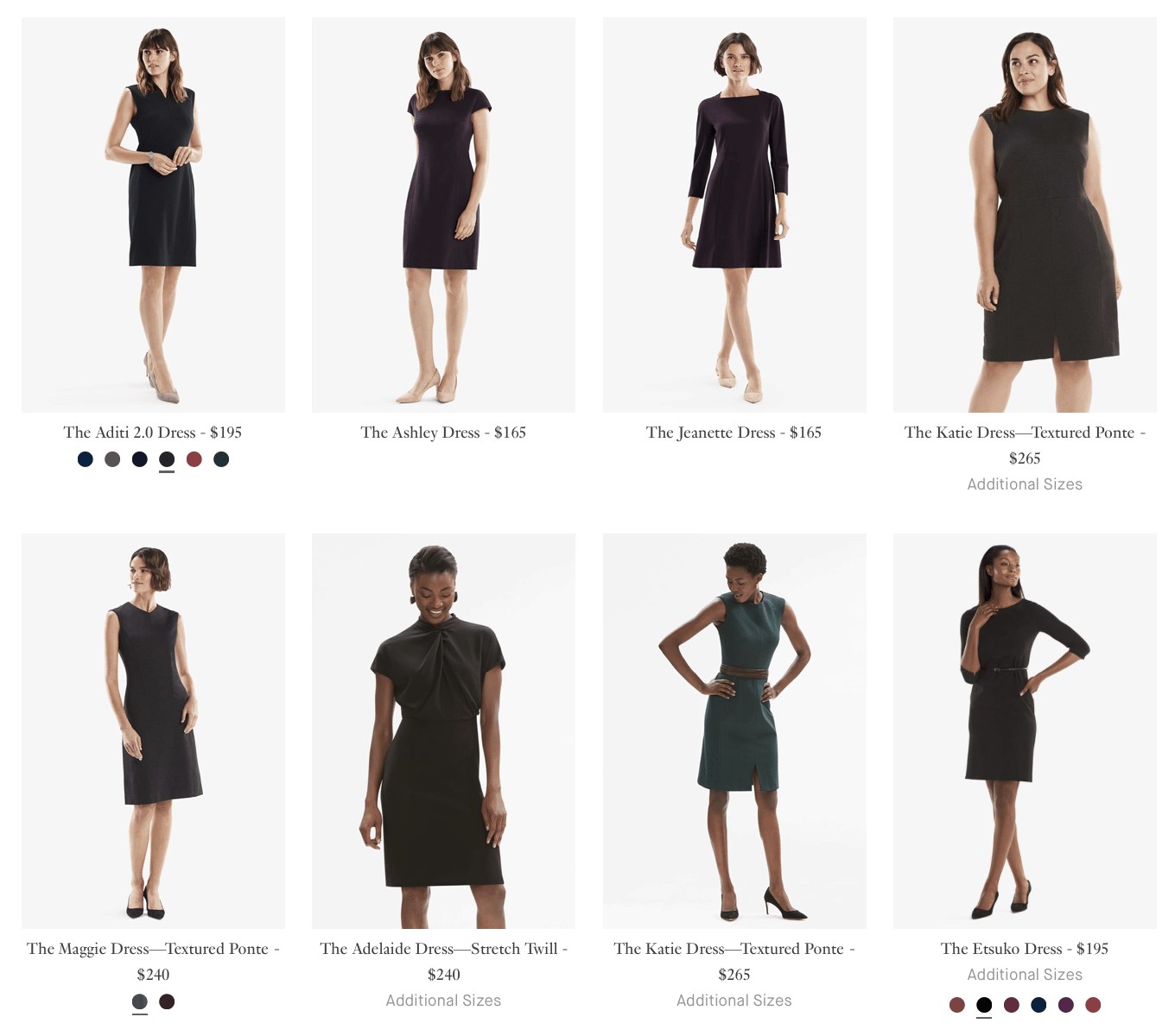 A screenshot of the MM.LaFleur website showing models in a variety of sizes and ethnicities