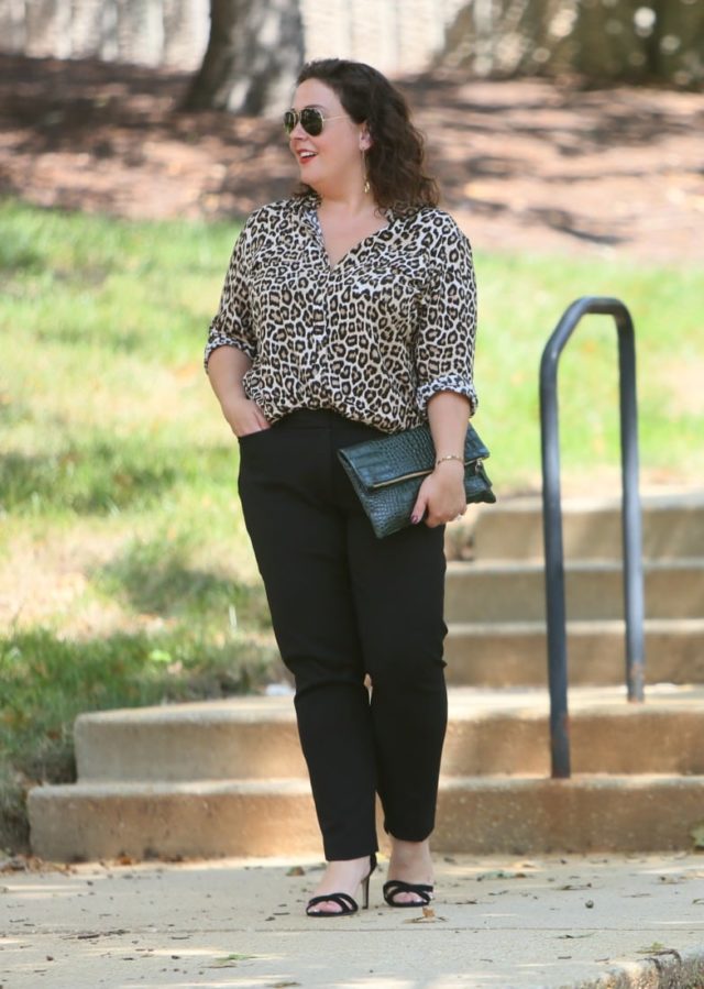 chico's leopard print blouse with black pants and a green crocs clutch from Clare v.