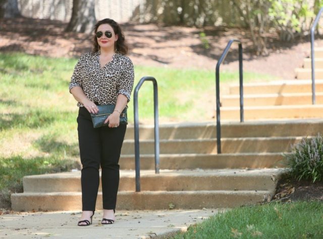 chico's leopard print blouse with black pants and a green crocs clutch from Clare v.