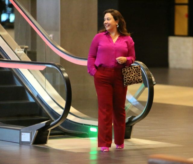 wearing the pink and red trend for fall with a silk blouse and double cloth pants from Talbots