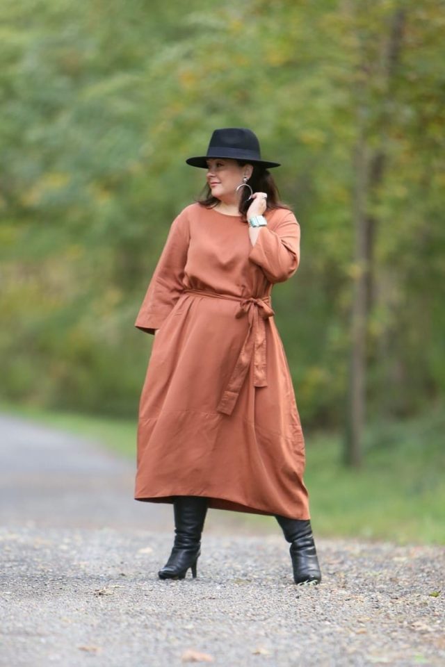 Wardrobe Oxygen in the And Comfort The Cambridge Tie Dress with Jenny Bird Factory Drop Earrings, an Ann Taylor black fedora and black heeled knee-high boots