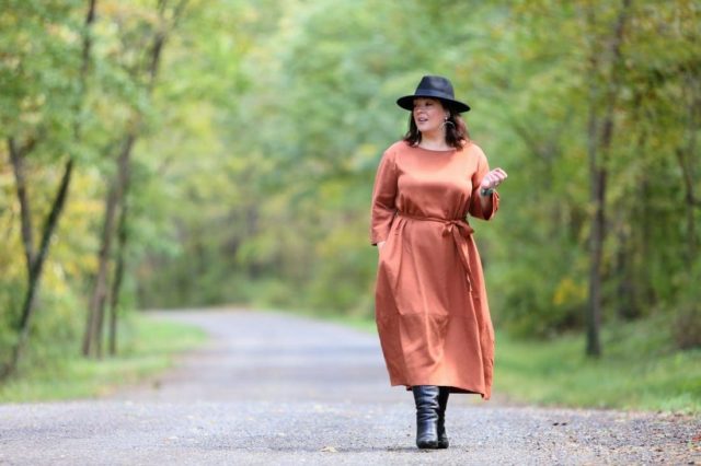 Wardrobe Oxygen in the And Comfort The Cambridge Tie Dress with Jenny Bird Factory Drop Earrings, an Ann Taylor black fedora and black heeled knee-high boots