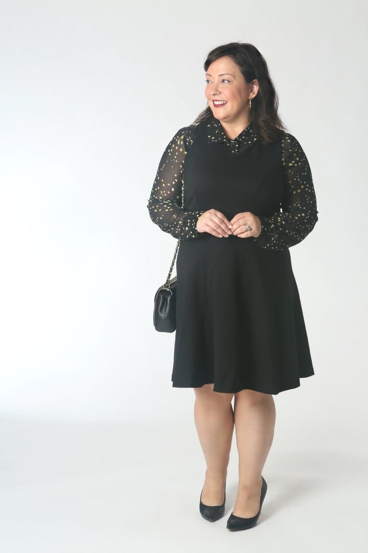 Wearing a sheer blouse under a ponte fit and flare dress.