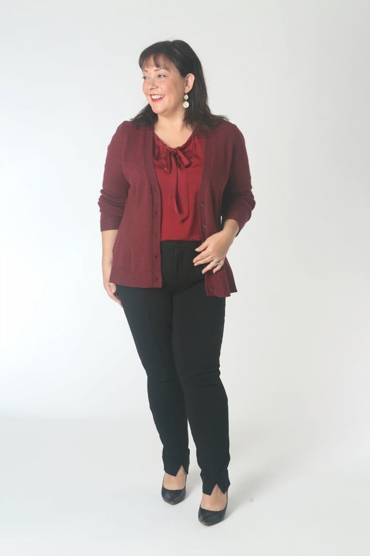 The cabi Cinch Blouse with the Catch Cardigan