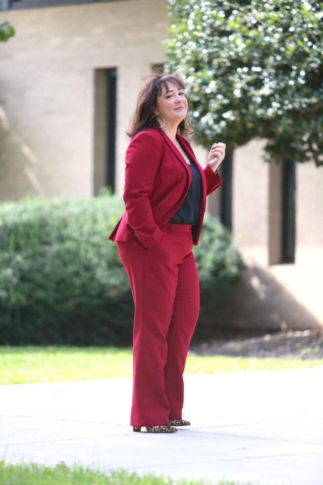 Wardrobe Oxygen in a red pantsuit from Talbots styled with leopard block heel pumps