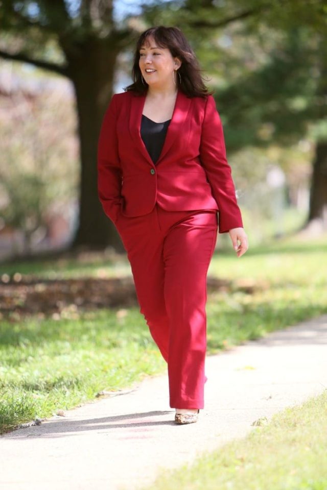 Wardrobe Oxygen in a red pantsuit from Talbots styled with leopard block heel pumps