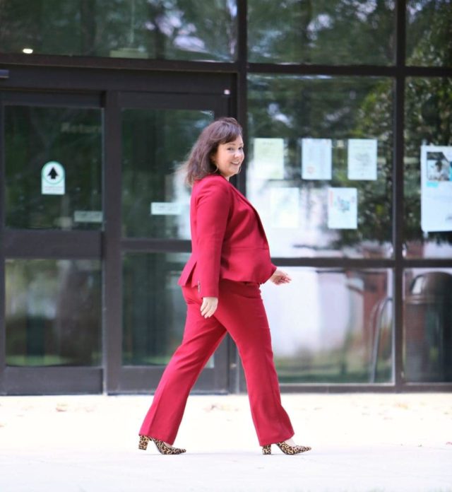 Wardrobe Oxygen in a red pantsuit from Talbots styled with leopard block heel pumps