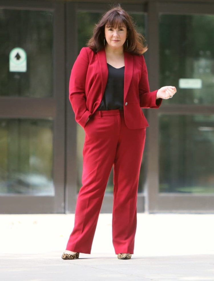 Wardrobe Oxygen in a red pantsuit from Talbots styled with leopard block heel pumps