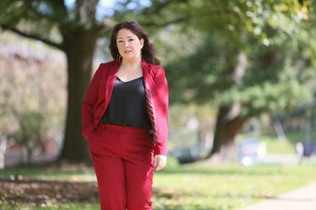 Wardrobe Oxygen in a red pantsuit from Talbots styled with leopard block heel pumps