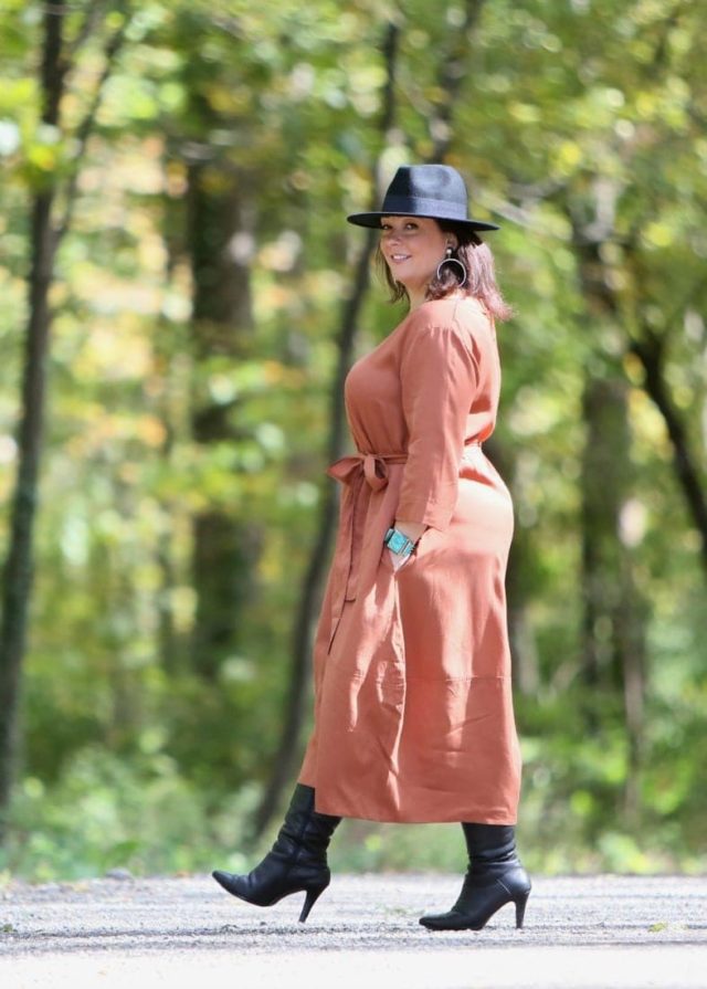 Wardrobe Oxygen in the And Comfort The Cambridge Tie Dress with Jenny Bird Factory Drop Earrings, an Ann Taylor black fedora and black heeled knee-high boots