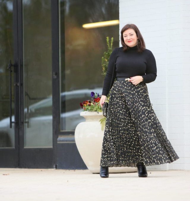 I think I found the perfect turtleneck and it's from Chico's. Here I style it with a gold foil dot chiffon pleated maxi skirt