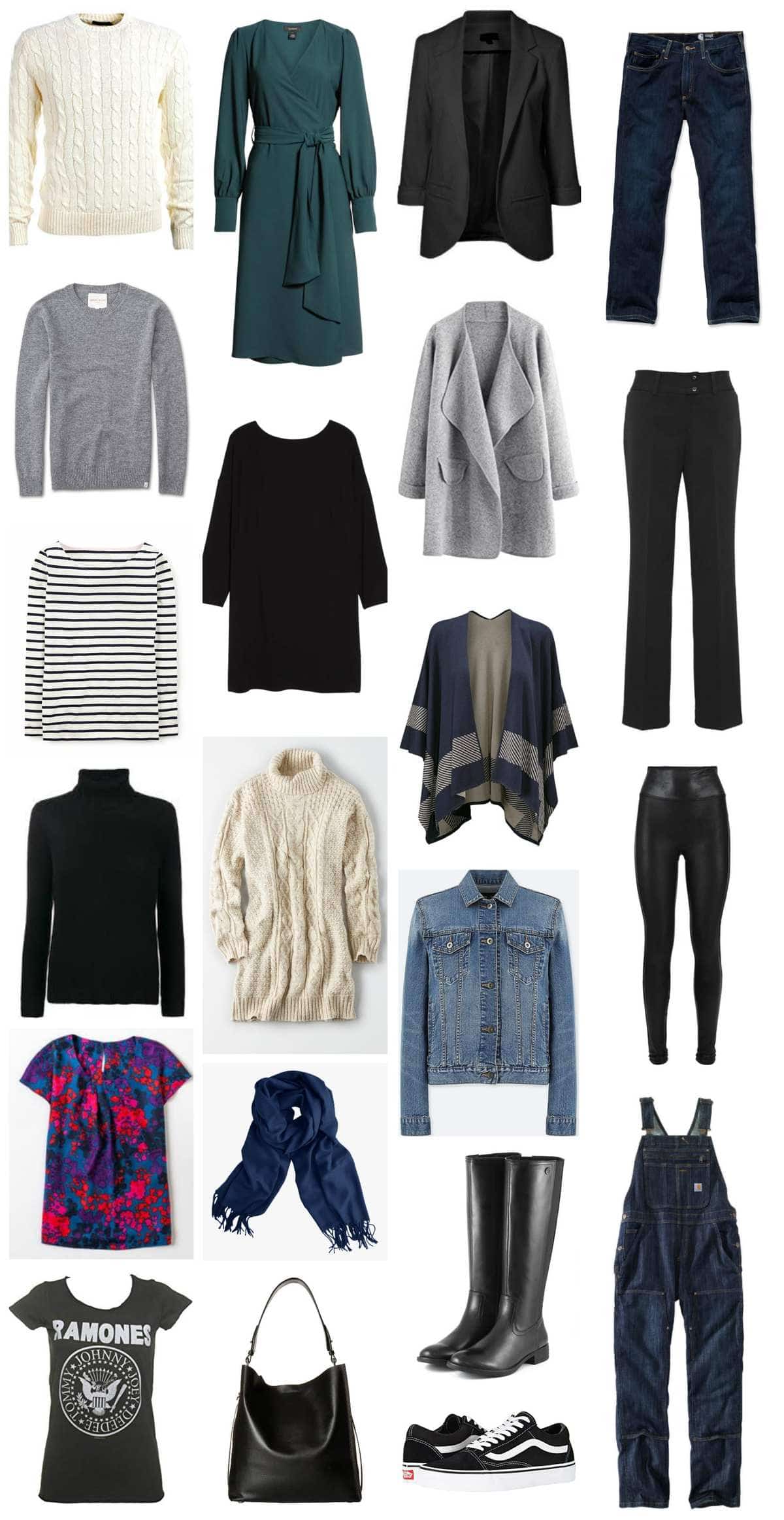 A casual capsule wardrobe for fall into winter. Click for tips on how to create over 45 outfits from this collection of pieces and how to accessorize.