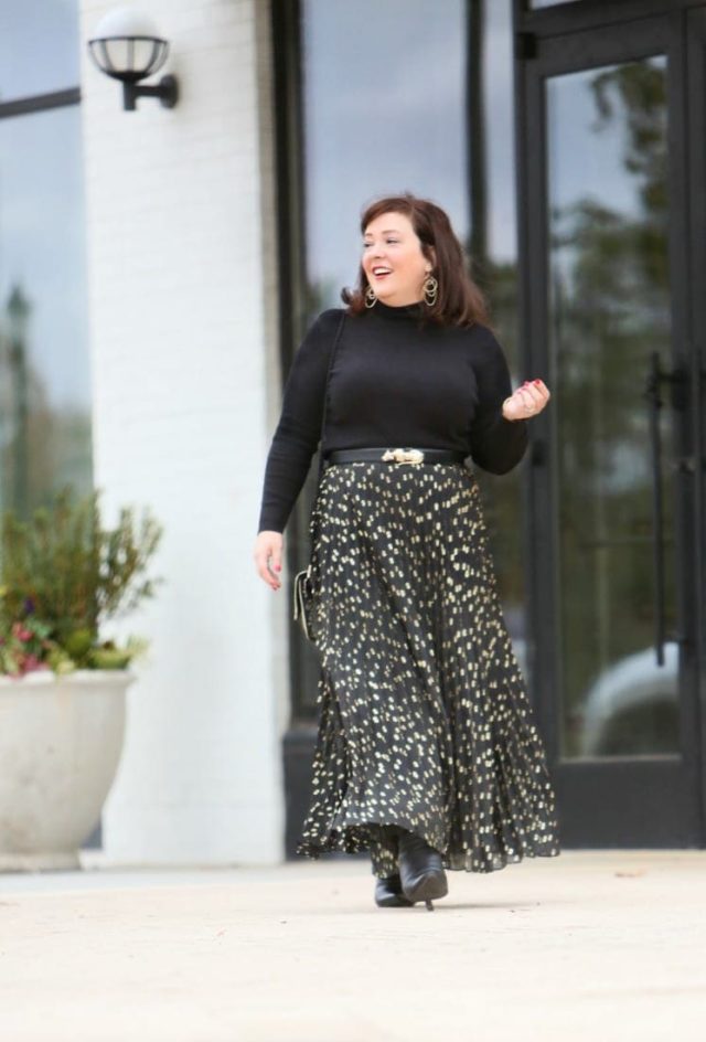 I think I found the perfect turtleneck and it's from Chico's. Here I style it with a gold foil dot chiffon pleated maxi skirt