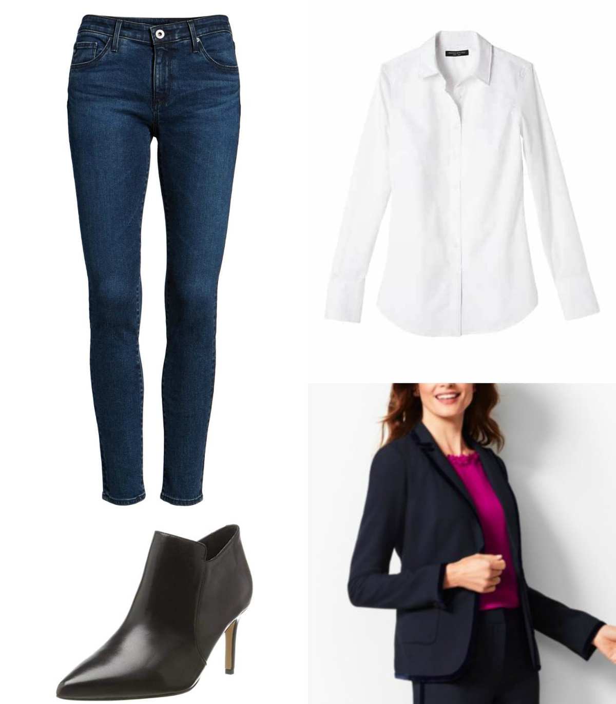 Navy blazer, ankle jeans, and a white shirt