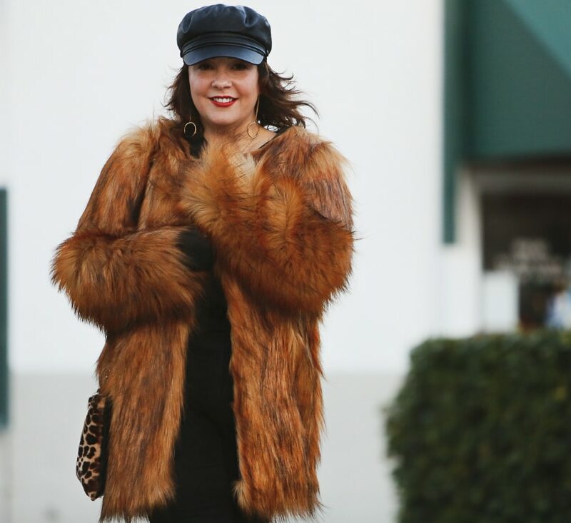 Unreal Fur Wanderlust coat in Brown as seen on Alison Gary of Wardrobe Oxygen