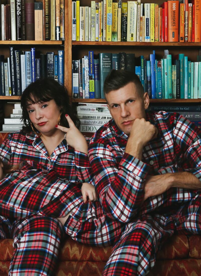 Lands' End plaid flannel pajamas for the whole family as seen on Alison Gary of Wardrobe Oxygen, her husband, and daughter