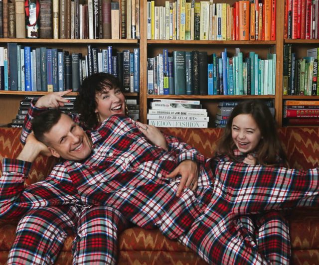Lands' End plaid flannel pajamas for the whole family as seen on Alison Gary of Wardrobe Oxygen, her husband, and daughter