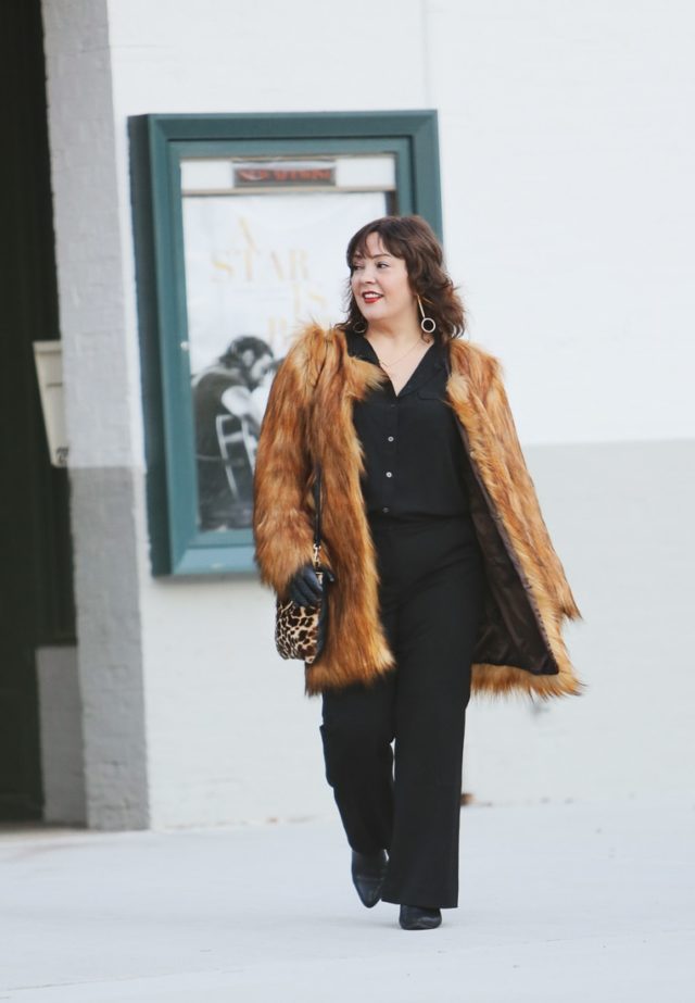 Unreal Fur Wanderlust coat in Brown as seen on Alison Gary of Wardrobe Oxygen