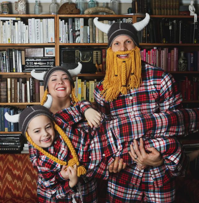 Lands' End plaid flannel pajamas for the whole family as seen on Alison Gary of Wardrobe Oxygen, her husband, and daughter