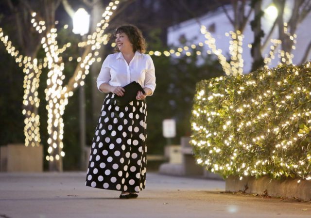 Talbots Dot Maxi Skirt with white shirt and Isa embellished velvet pumps