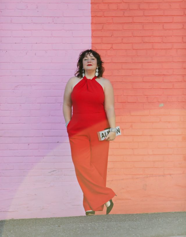 Red crepe jumpsuit from Dress Barn on Wardrobe Oxygen